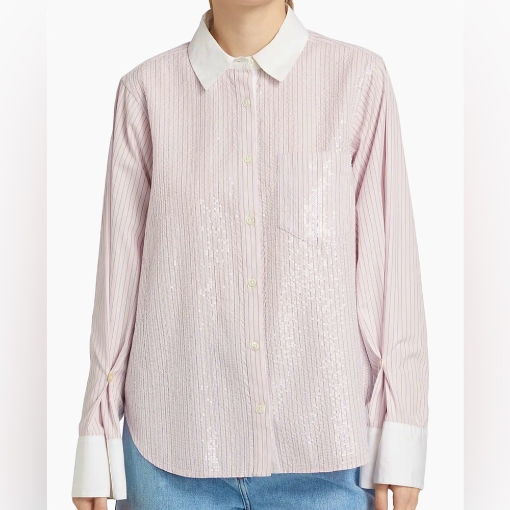NWT $395 Derek Lam 10 Crosby Wesley sequin stripe cotton button down shirt XL